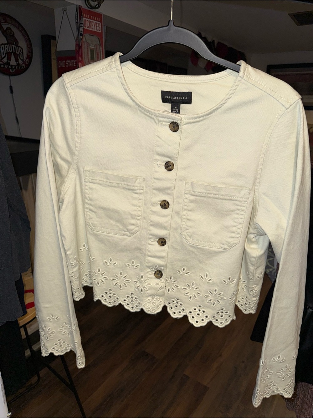 Free Assembly Eyelet Embroidered Cropped Jacket Medium NWT Cream Button Front